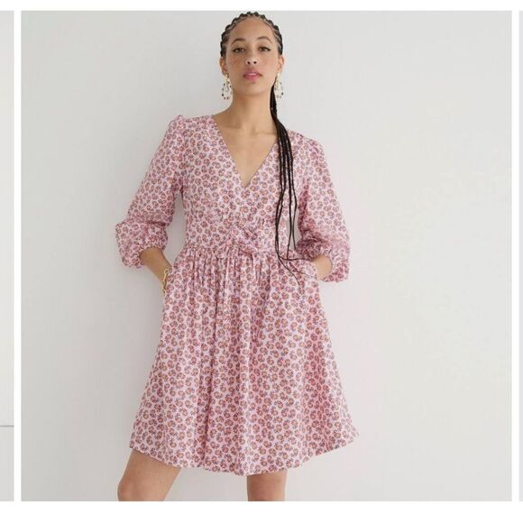 J Crew V-neck Cotton Poplin Mini Dress in Peony Paisley - Picture 1 of 14